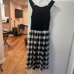 Black Off-Shoulder Bodice Dress with Black and White Checkered Skirt